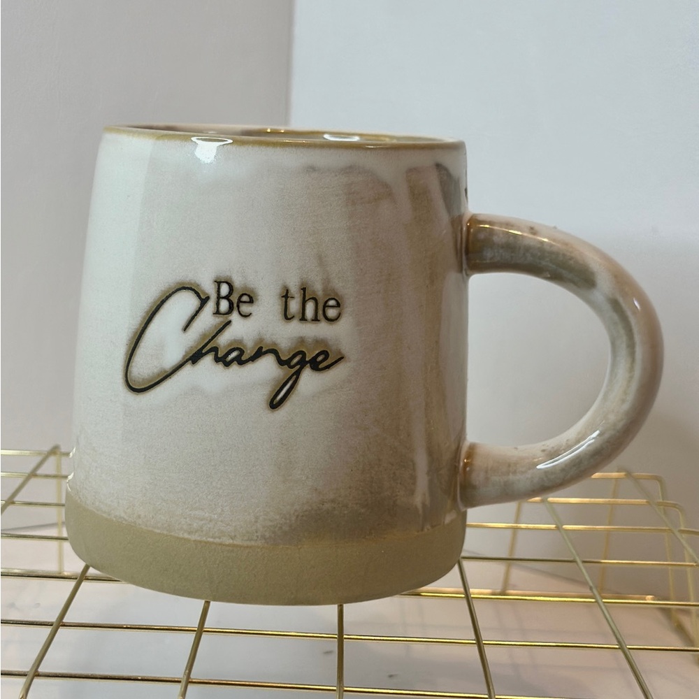 BE THE CHANGE Crofton Beige Stoneware Pottery Coffee Mug Cup 16 Fluid Ounces